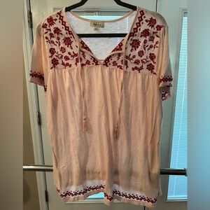 Size 2X Style & Co Pink Embroidered Women's Top. Has tie with tassels.